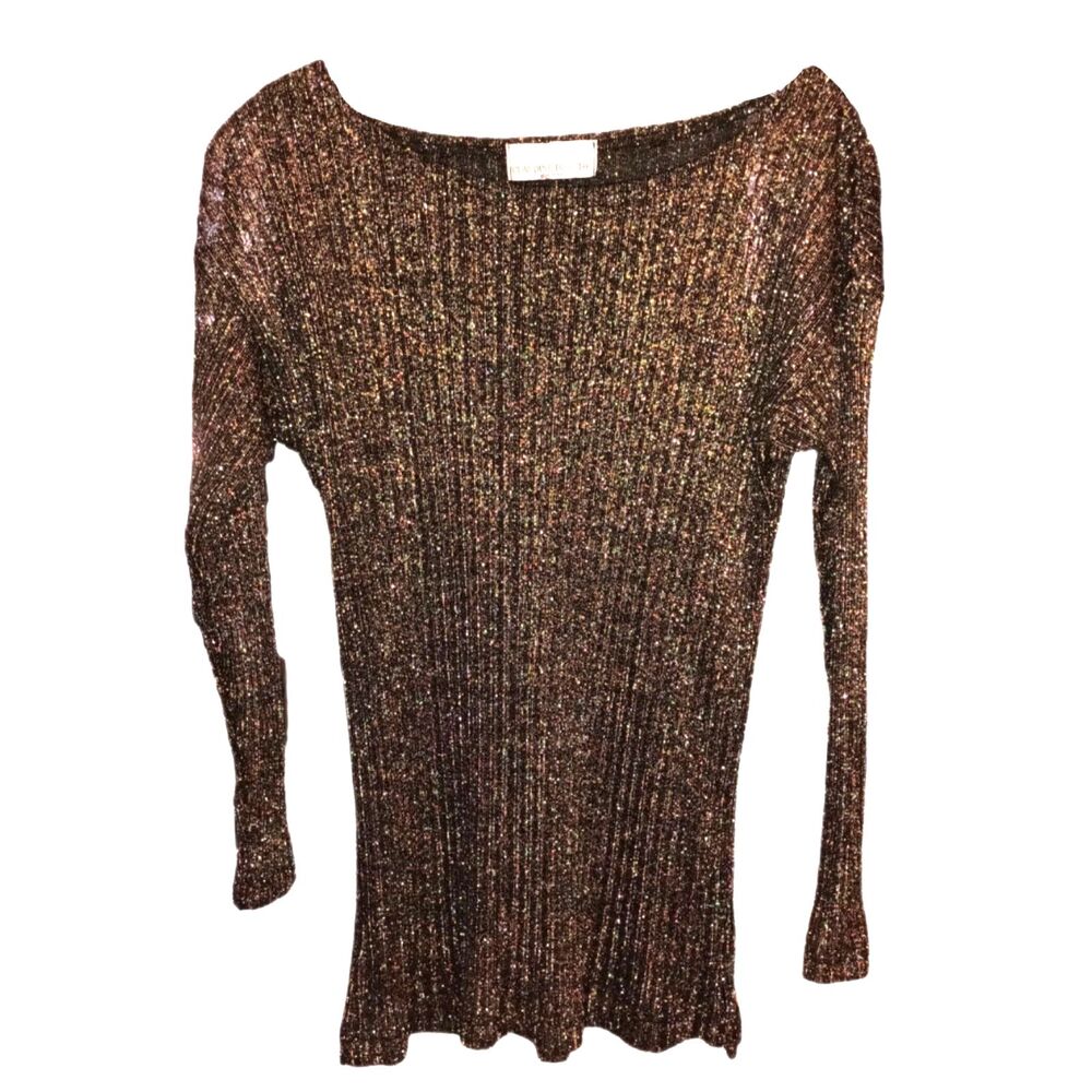 VTG 80s Claudine Bueche Gold Black Boat Neck Stretch Top New Year Shiny Classic